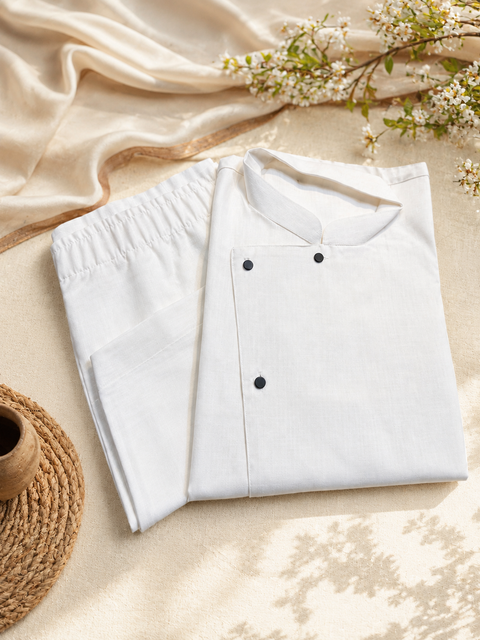 White colour cotton linen based side cut style kurta with pants  (slight variation in color & design is possible)