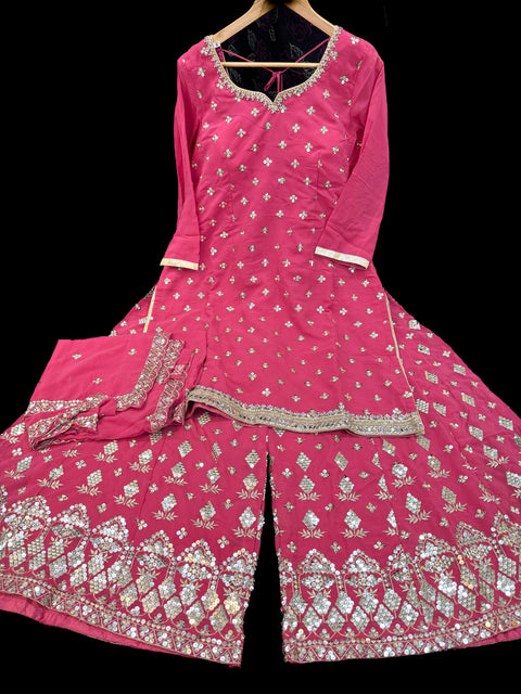 Georgette based sequined and embroidery work kameez with sharara pants and Georgette dupatta