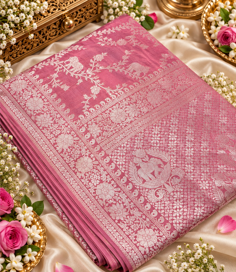 Luxuriously soft silk saree with a smooth, lightweight feel and beautifully flowy drape. Featuring rich woven zari floral motifs and an elegant detailed border .Blouse piece included. Slight variation in colour and design is possible.