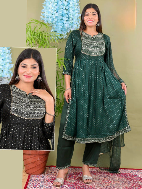 Black color  Rayon based on embroidery work flared kurti with pants & dupatta