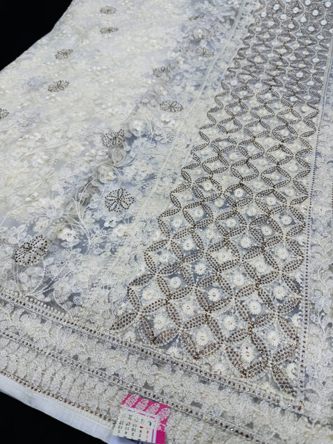 Netting based embroidery jaal all over with stone work designer saree