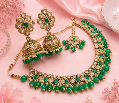 Original Polki stone with pearls beaded work beautiful necklace with earrings and tikka set