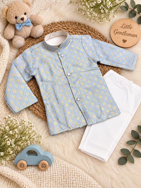 Adorable Brocade Silk Newborn Kurta Pajama Set with soft inner lining, easy front-open kurta and matching elasticated pajama for comfortable wear.Kurta L 35 cm,Chest 25 cm,Sleeve 24 cm,Pajama L 33 cm. Slight variation in colour & design may occur