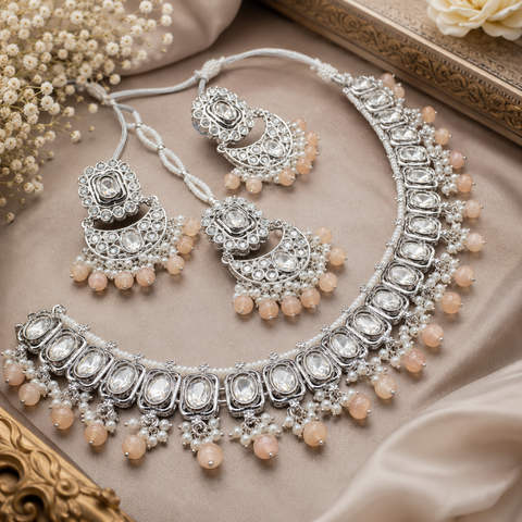 Original Polki stone with pearls beaded necklace with earrings and tikka set
