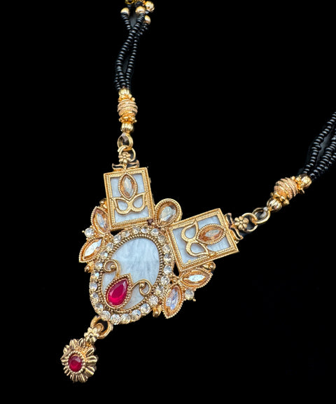 Polki Stone & Jerkan Gold Plated (Artificial) Mangalsutra With Artificial Black Beads Chain, Apx Size 15 inches length