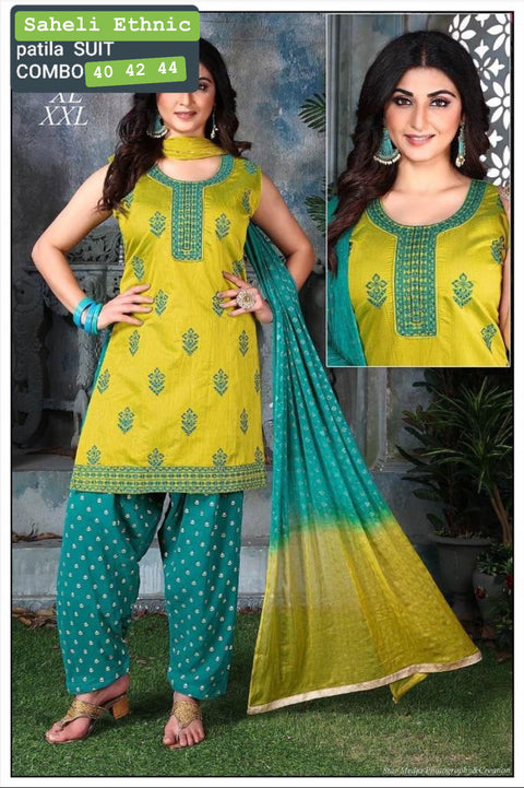 Silk based embroidery & sequined work designer kameez with georgette based printed salwar and georgette based two shades dupatta