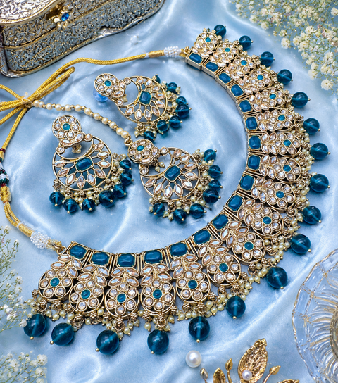 Original Polki stone with pearls beaded work beautiful necklace with jhumka and tikka set