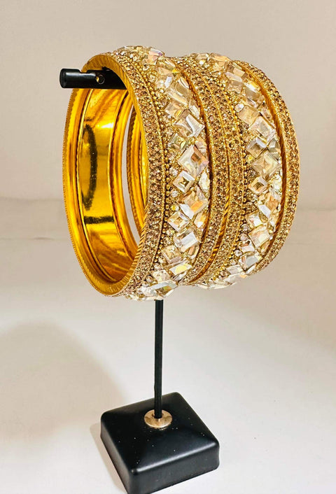 Beautiful Golden fine stone with Crystal stone floral designer Brass Bangles set (customised with plain Velvet or Metal Bangles )