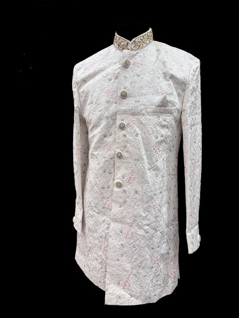 (Video clip attached) White color based  pink color heavy embroidery & pearl sequined work all over with hand work pearl beaded neck, buttons and sleeves design Sherwani and Pants
