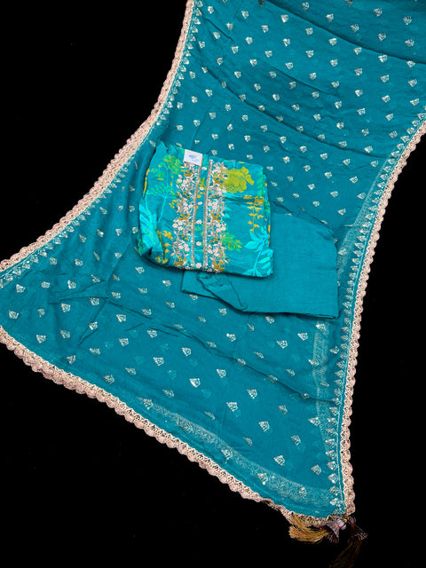 (Clip attached) Firozi color pure crepe silk based handwork kameez with rayon bottom fabric (2.75 mtrs) and chiffon based heavy hand work dupatta