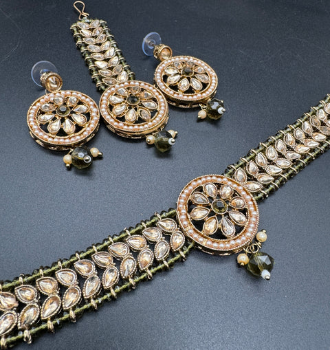 Beautiful pearls with stone beaded choker necklace with small studs and tikka