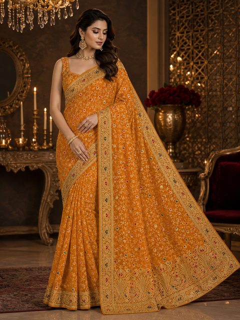 Beautiful Georgette Saree featuring elegant embroidery and stone work throughout. Comes with an unstitched matching blouse piece. Model blouse is for reference purpose only. Slight colour and design variations may occur.