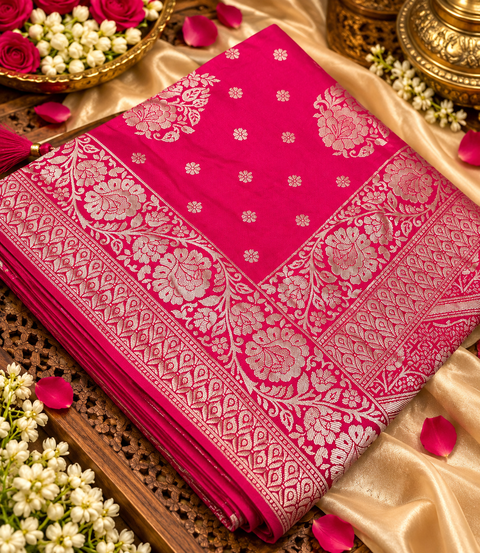 Luxuriously soft silk saree with a smooth, lightweight feel and beautifully flowy drape. Featuring rich woven zari floral motifs and an elegant detailed border .Blouse piece included. Slight variation in colour and design is possible.