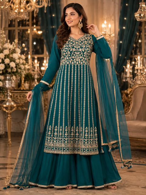 Georgette based original Mirror work with heavy embroidery work Nayra cut kameez with plazo & dupatta (slight variation in color and design is possible)