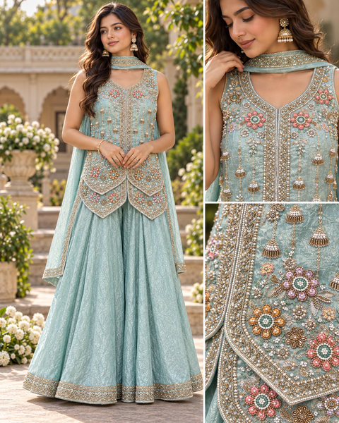 Beautiful short top with exquisite all-over handwork on luxurious crushed fancy silk fabric. Paired with loose, flowy palazzo pants and a matching dupatta. Slight variation in colour and design is possible