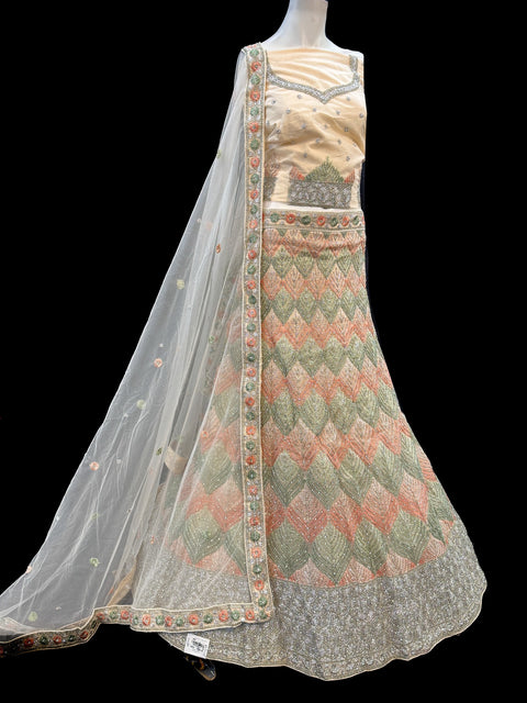 (Video clip attached)Pastel colour velvet based beautiful embroidery work & stones work very heav layered ken ken Designer party wear Lehnga with embroidery work on blouse & snd heavy work lace beaded dupatta