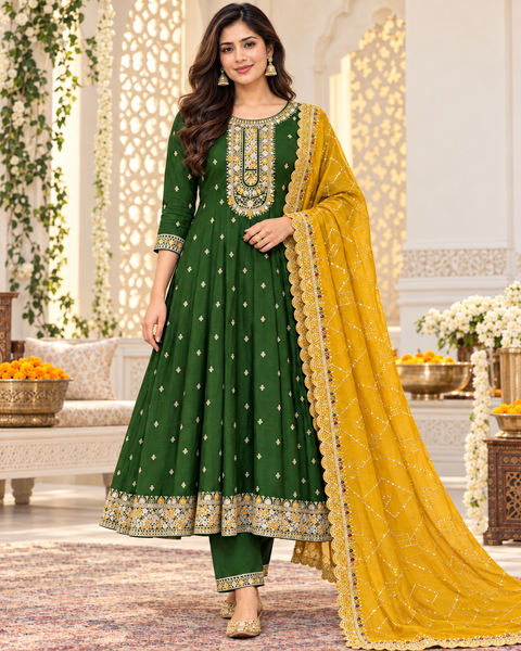 Rayon Silk/Georgette Silk Anarkali Suit featuring beautiful embroidery on the neckline and kurta, with a soft flattering flare & matching pants and a Chinon dupatta finished with elegant embroidery.Slight variation in colour and design is possible