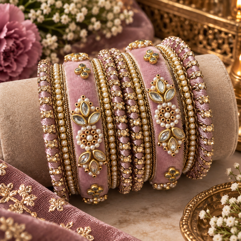 Elegant velvet bangles set in a beautiful dusty mauve shade, detailed with kundan-style stones, pearls, golden embellishments and sparkling crystal work. (Slight variations in color & design is possible )