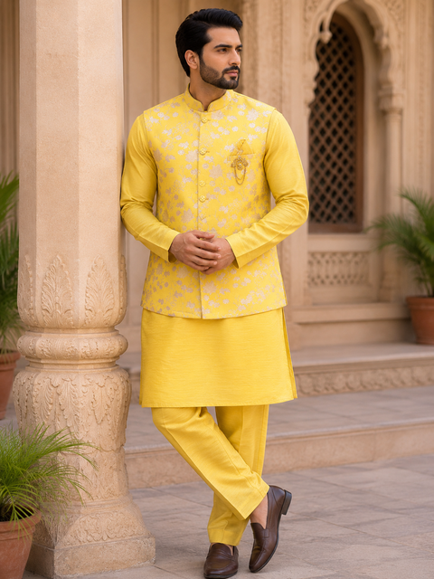 Bright yellow floral jacquard waistcoat set with a matching kurta and straight pants, designed to add timeless elegance to weddings, festive celebrations, and special occasions.