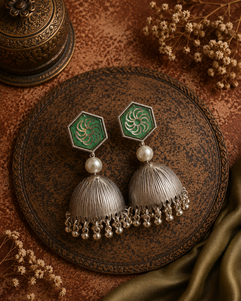 Beautiful oxidised Jhumka with colourful meenakari work( slight variations in color and design is possible)