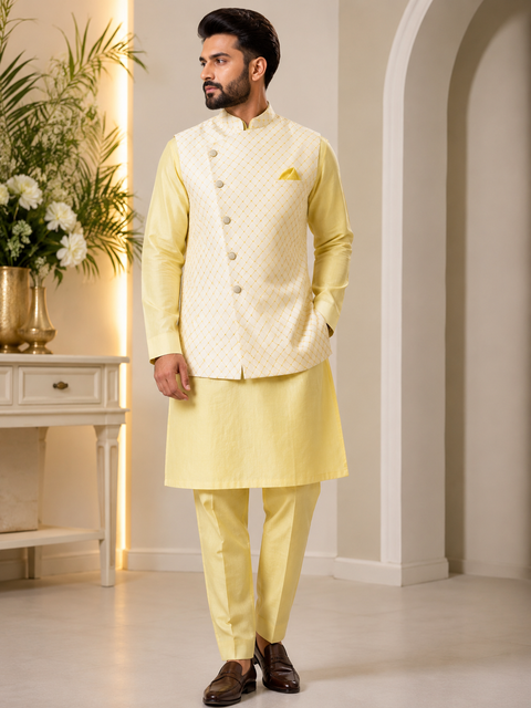 Brocade silk designer jacket with plain kurta and pants (slight variation in color & design is possible )