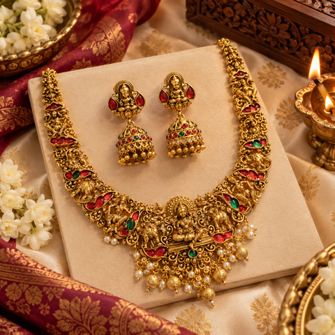 Elegant matte gold-finish Temple Jewellery Set Goddess Lakshmi  motif with beautifully detailed elephant designs and green Ruby stone accents. Comes with matching jhumka earrings(slight variation in color & design may occur)