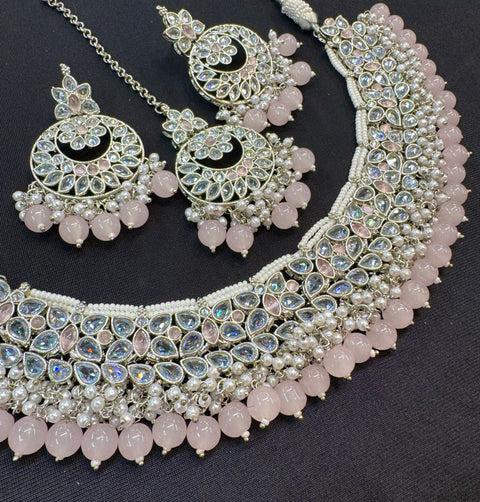 Original silver polki stone with pastel baby pink pearls beaded necklace set with beautiful earrings & tikka