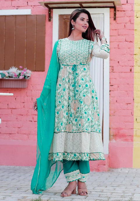 Pure & Soft Rayon Based Designer Embroidery with mirror work & Printed work Kurti With Plazo Pants & Dupatta