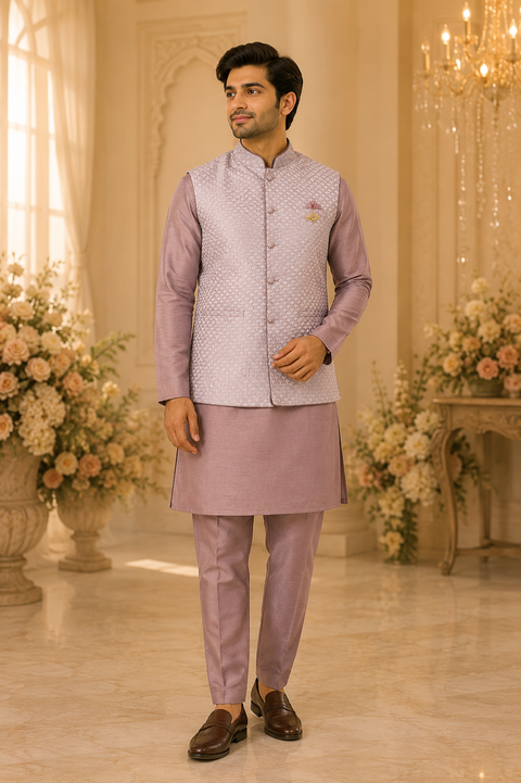 Brocade Silk Based Beautiful jacket with plain kurta & Pants (slight variation in color and design is possible)