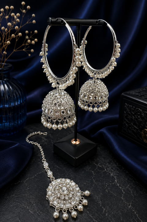 Kundan with pearl work beautiful jhumka balian with Tikka set