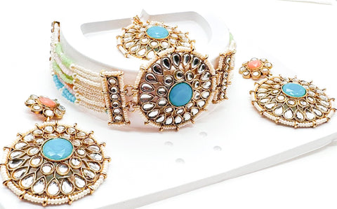 Pearls beaded with Kundan stone beautiful choker necklace with Earrings & Tikka