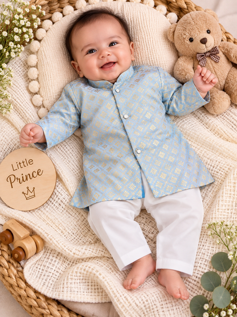 Adorable Brocade Silk Newborn Kurta Pajama Set with soft inner lining, easy front-open kurta and matching elasticated pajama for comfortable wear.Kurta L 35 cm,Chest 25 cm,Sleeve 24 cm,Pajama L 33 cm. Slight variation in colour & design may occur