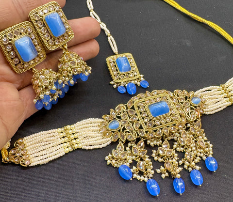 Original polki stone with pearls beaded necklace set with beautiful earrings & tikka