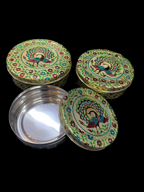 (Video clip attached) Set of Small , medium and Large size container /Printed Meenakari Steel Box/Stainless Steel Meenakari Container Box Set/Meenakari Steel Box – Pooja /wedding Celebrations