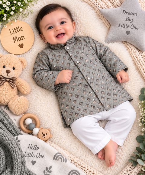 Soft Rayon chikankri sequin based Newborn Kurta Pajama Set with soft inner lining, easy front-open kurta & matching elasticated pajama for comfortable wear.Kurta L 35 cm,Chest 25 cm,Sleeve24 cm,Pajama L 33 cm.Slight variation in colour & design may occur