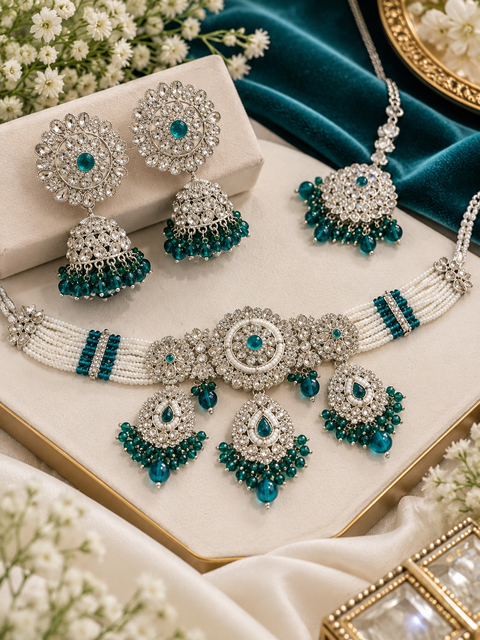 Beautiful polki & jerkan stones with pearls and colorful stones choker necklace & Jhumka with Tikka. Slight variations in colour and design are possible.