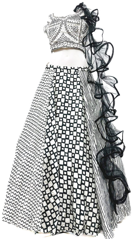 Pearl work designer blouse with printed work Multiflared lehnga with ruffled work  designer Dupatta