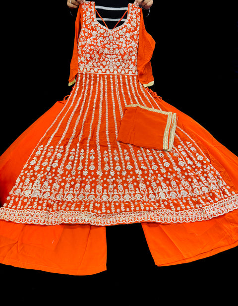 Georgette based original Mirror work with heavy embroidery work Nayra cut kameez with plazo & dupatta