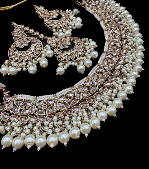 Golden Original Polki stone with pearls beaded heavy work necklace with earrings and tikka set