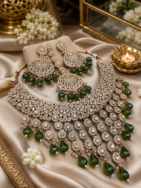 Original Polki stone with pearls beaded work beautiful necklace with jhumka and tikka set