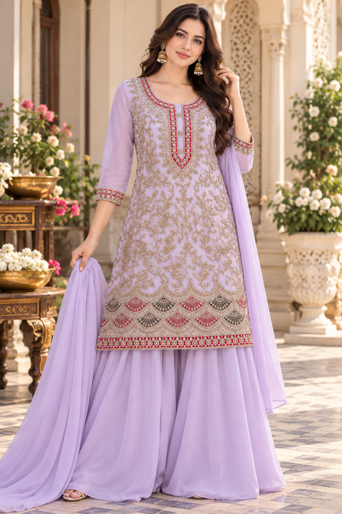 Georgette based beautiful embroidery and stone work kameez paired with a flowy georgette loose circular palazzo & dupatta . Slight variation in colour and design is possible.