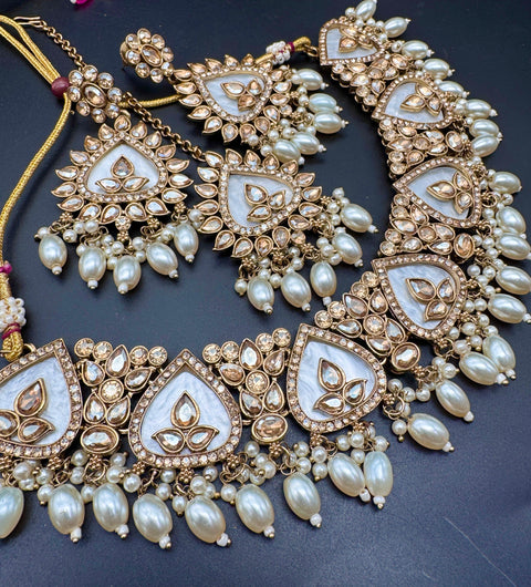 Original Polki stone with pearls beaded work beautiful necklace with earrings and tikka set