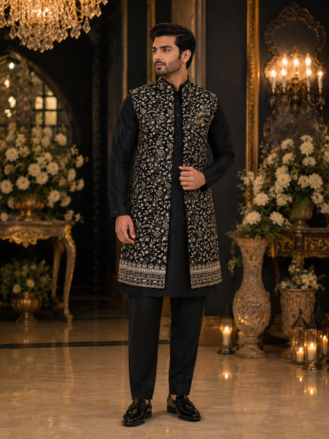 Embroidery work Velvet Jacket With Raw Silk Based Kurta & pants (slight variation in color and design is possible)