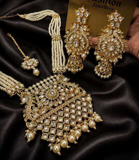 Pearls Work With Kundan Stone Beautiful Rani Haar /Long Necklace Set With Beautiful Earrings