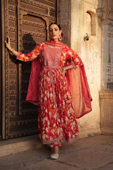 Pure & Soft Rayon Based Designer and Embroidered Flared Kurti With Plazo Pants & Dupatta(video clip attached)