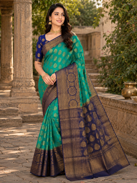 Art silk beautiful design Saree with contrast Pallu and Blouse , blouse piece is attached to Saree(slight variation in color and design is possible)