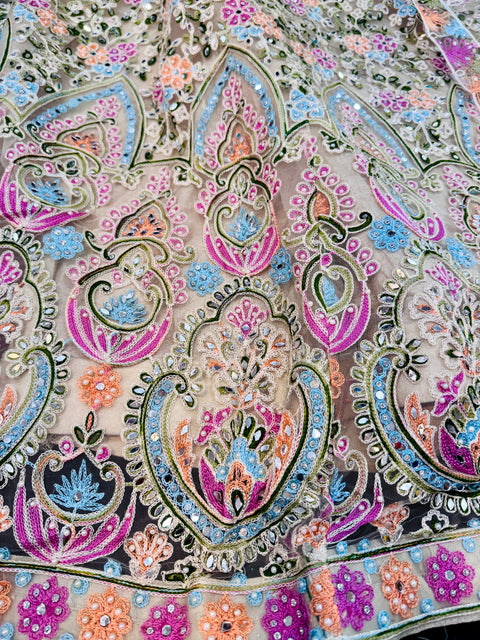 Mint color Netting base multicoloured embroidery work with mirror and pearls work all over at front and back )designer gown/kameez and netting embroidery dupatta