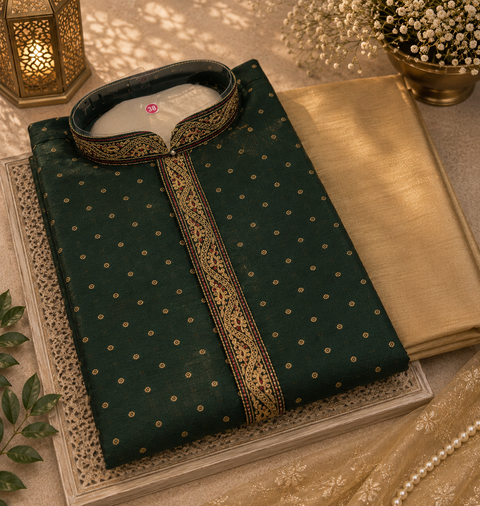 Green color cotton silk Based embroidery Work at neck Kurta & golden Pajama (slight variation in color and design is possible)