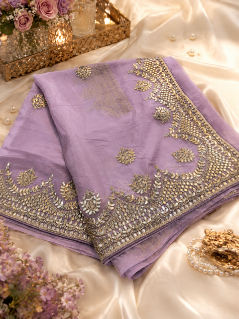 Lavender color Pure and very soft organza tissue based embroidery work jaal all over with stone work & gotta patti beautiful Saree. Model blouse is for reference only; blouse fabric comes with the saree. Slight color and design variations may occur