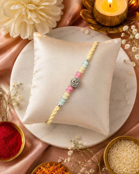 Beautiful Small Om Rakhi featuring a spiritual centrepiece, Rudraksha beads and elegant gold accents. A meaningful choice to celebrate Raksha Bandhan with blessings, love and tradition.